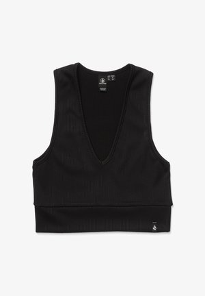 Schwarzes geripptes Crop-Top mit tiefem V-Ausschnitt, breiten Schulterträgern und einem eng anliegenden Bund am unteren Ende. Verfügt über ein Logotag an der Seite.