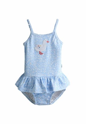 Lyseblå badedragt til småbørn med hvidt blomsterprint, flæset skørt og en hvid broderet and med rødt næb og fødder på brystet.