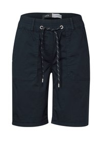 Tmavě modré kraťasy vyrobené z lehkého materiálu. Mají elastický pas se stahovací šňůrkou, dvě boční kapsy a hladký povrch.