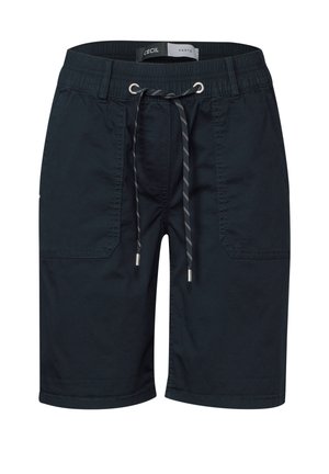 Dark navy shorts made of lightweight fabric. Features an elastic waistband with a drawstring, two side pockets, and a smooth texture.