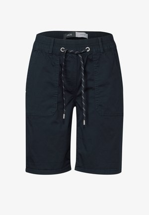 Dunkelblaue Shorts aus leichtem Stoff. Verfügt über einen elastischen Bund mit Kordelzug, zwei Seitentaschen und eine glatte Textur.