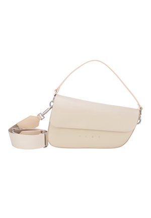 Beige leather shoulder bag with flap closure and detachable wide fabric strap, minimalist design, embossed brand name on front.