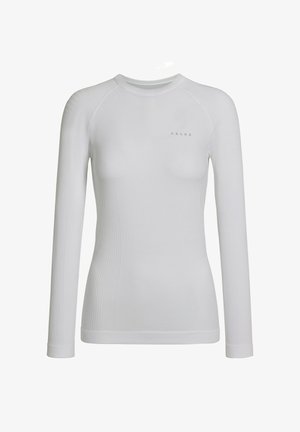 White long-sleeve top made from a smooth elastic material with ribbed texture on sides and a round neckline; features a subtle brand logo.