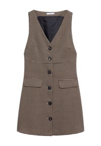 Robe sans manches à motif pied-de-poule marron et noir, avec un décolleté en V profond, six boutons sur le devant et deux poches latérales.