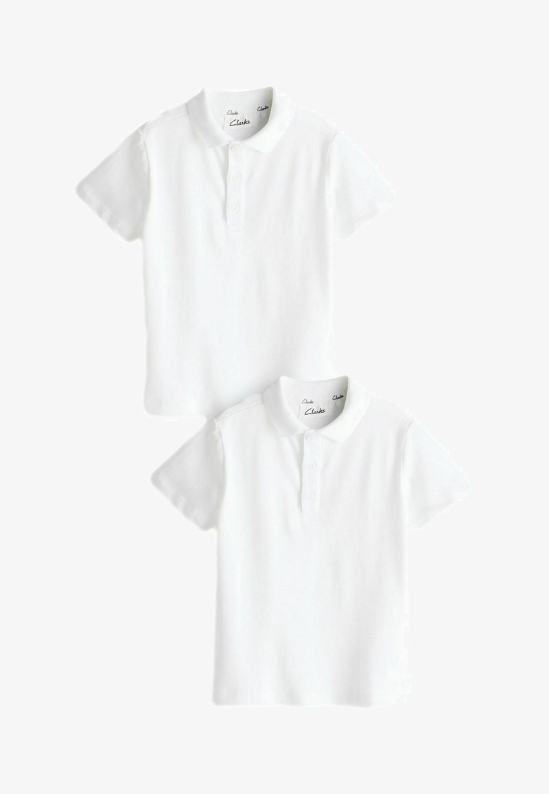 Weiße Kurzarm-Polohemden aus glattem Baumwollstoff. Mit einem klassischen Kragen, einer drei-Knopf-Leiste und nahtlosem Schulterdesign.