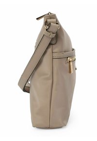 Beige Nylon Crossbody-Tasche mit Reißverschluss oben, verstellbarem Tragegurt, Fronttasche mit goldenen Beschlägen und glatter Textur.