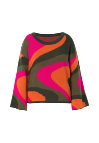 Maglione lavorato a maglia con audaci motivi ondulati in rosa, arancione e verde. Silhouette rilassata con scollatura ampia e maniche lunghe.
