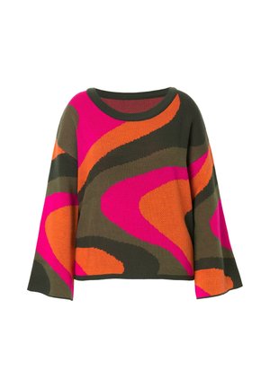 Gebreide trui met gedurfde wervelende patronen in roze, oranje en groen. Ontspannen silhouet met een brede halslijn en lange mouwen.