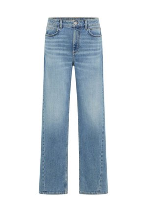 Hellblaue Jeans mit geradem Bein, Fronttaschen, Gürtelschlaufen, Knopfverschluss und dezenten Verwascheffekten.