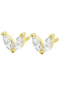 Orecchini dorati con due pietre trasparenti a taglio marquise, accentuate da una piccola pietra rotonda alla base, creando un design che ricorda una foglia.