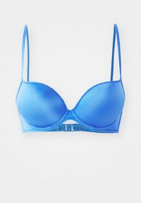 Μπλε μαξιλαρωτ�ό σουτιέν με ρυθμιζόμενες τιράντες, λεία σατέν υφή, στήριξη με χάλκινες μπανέλες και κλείσιμο με γάντζο και μάτι στο πίσω μέρος.