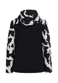 Schwarze Jacke mit weißem und schwarzem abstraktem Muster auf Ärmeln und Kapuze, von hinten gezeigt, ohne sichtbare Logos oder Verschlüsse.