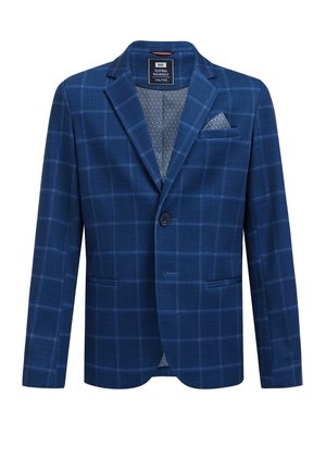 Granatowa marynarka w kratę, z dwoma przednimi kieszeniami i szpiczastym klapem. Wyrazista podszewka z geometrycznym wzorem.