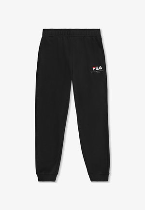 Sorte Fila sweatpants lavet af blødt stof, med elastisk livrem, sidelommer og rødt samt hvidt logo på den øverste venstre side.