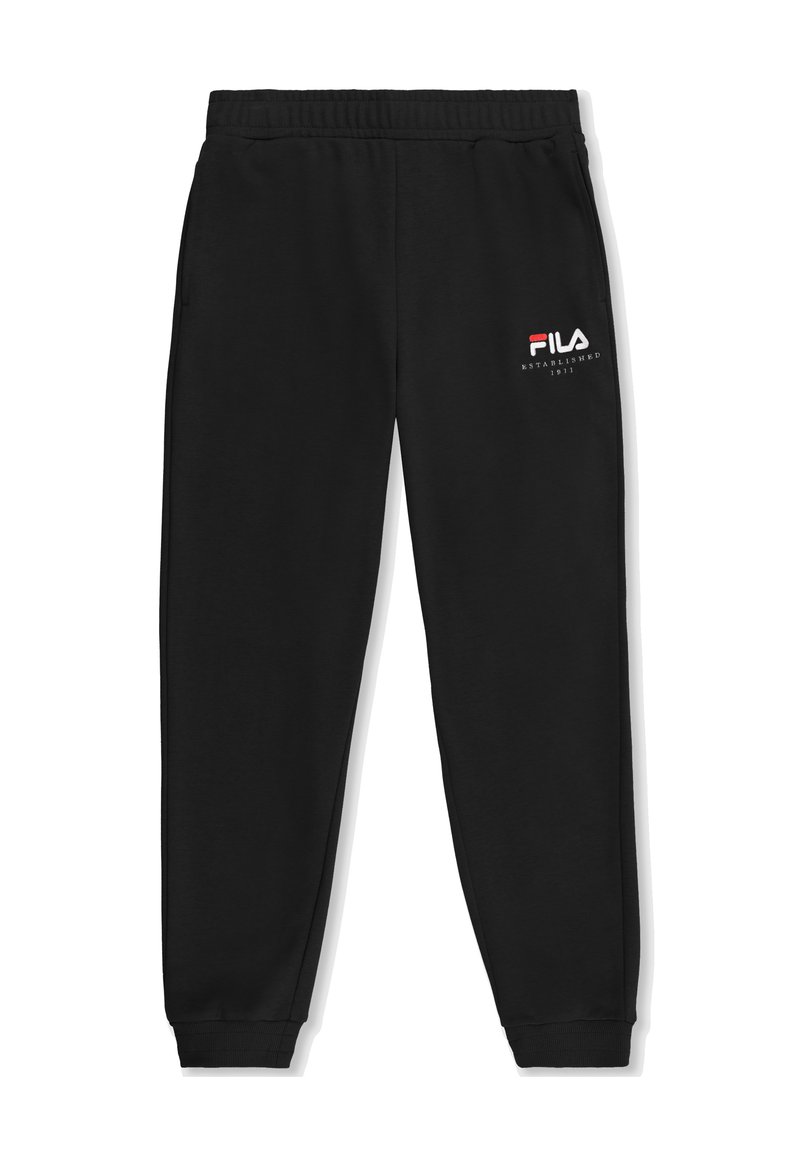 Schwarze Fila-Sweatpants aus weichem Material, mit elastischem Bund, Seitentaschen und rotem sowie weißem Logo auf der oberen linken Seite.