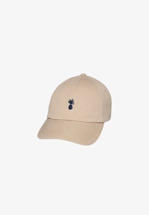 Beige Baseballkappe mit gebogenem Schirm und kleinem marineblauem Ananas-Logo, das mittig auf der Vorderseite eingeprägt ist.