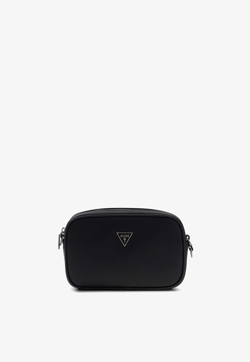 Petit sac bandoulière rectangulaire noir avec fermeture éclair argentée et logo Guess triangulaire sur le devant, centré sur fond blanc.