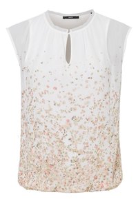 Blusa blanca con estampado floral en tonos suaves de rosa y verde. Cuello en forma de llave, mangas cortas y tejido ligero.