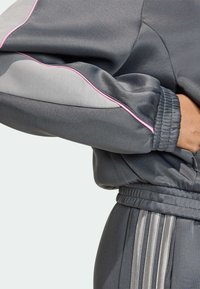 Γκρι αθλητικό μπουφάν με ροζ και γκρι λεπτομέρειες, με ριμπ μανσέτες και μέσης. Μαλακή υφή με διακριτική γυαλάδα και πλαϊνές τσέπες.