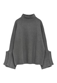 Felpa grigia oversize con collo alto, maniche ampie e aperture laterali. Realizzata in un tessuto morbido con una texture liscia.