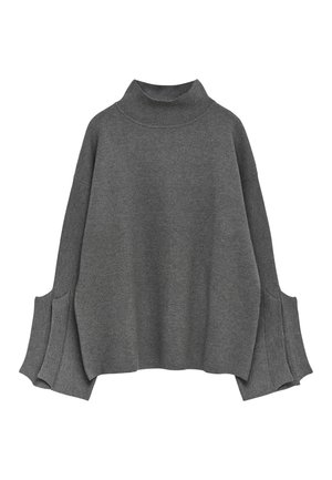 Grijze oversized sweatshirt met een hoge kraag, brede mouwen en zijsplitten. Gemaakt van zachte stof met een gladde textuur.