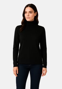 Schwarzer Rollkragenpullover mit langen Ärmeln, hergestellt aus einem glatten Strickstoff. Hat ein tailliertes Design und einen klassischen gerippten Kragen.