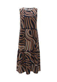 Brown and black patterned sleeveless dress with a rounded neckline, tiered ruffle hem, and a back closure detail. Smooth fabric texture.