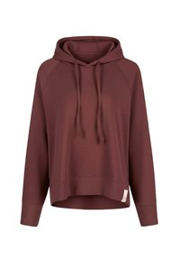 Bordeauxfarbener Pullover-Hoodie mit vorderen Kordelzügen, langen Ärmeln, gerippten Bündchen und einem leicht abgerundeten Saum mit einem kleinen Logo-Tag rechts unten.