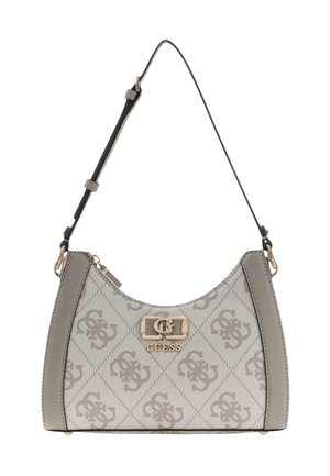 Borsa a spalla grigio chiaro con corpo in tessuto decorato, logo in metallo dorato e dettaglio in pelle grigia liscia. Tracolla regolabile inclusa.