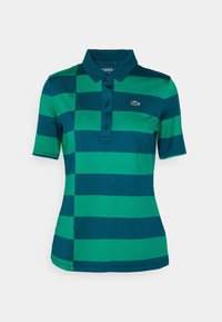 Green and dark teal striped polo shirt with a three-button placket and Lacoste logo on the left chest. Short sleeves with a classic collar.