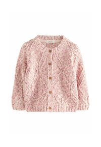 Gebreide cardigan in roze en roomkleur, met een ruitpatroon, ronde hals, lange mouwen en houten knopen aan de voorkant.
