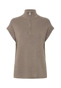 Khaki pletený top s stojáčikovým golierom a krátkymi rukávmi, ktorý má predný zips a hladkú, textúrovanú tkaninu.