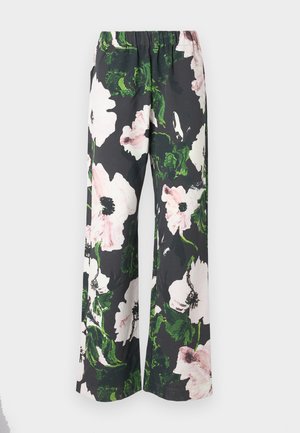 Platas kājas bikses ar melnu fonu, kas rotātas ar lieliem rozā ziedu rakstiem un zaļiem akcentiem. Izgatavotas no viegla auduma ar elastīgu jostu.