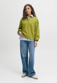 Green fleece sweatshirt with a collared neck, layered over a blue and white striped shirt. Paired with wide-leg blue jeans and silver shoes.