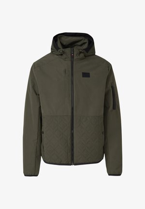 Olive zielona kurtka z kapturem z pikowaną dolną częścią przodu, czarnym zamkiem błyskawicznym, naszywką na piersi, kieszenią na rękawie oraz kapturem z troczkami.