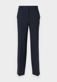 Pantalons taillés marine avec une coupe droite, texture lisse et devant plat. Comprend deux poches latérales et une conception de ceinture classique.