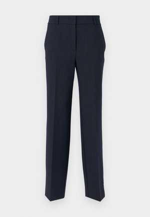Pantalons taillés marine avec une coupe droite, texture lisse et devant plat. Comprend deux poches latérales et une conception de ceinture classique.