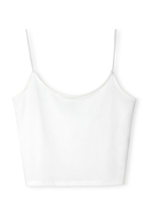 Witte, verkorte camisole met dunne spaghettibandjes, gemaakt van een gladde stof, met een ronde halslijn en een rechte zoom.