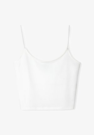 Weißes, kurzes Camisole mit dünnen Spaghettiträgern, aus einem glatten Stoff gefertigt, mit einem runden Ausschnitt und einem geraden Saum.