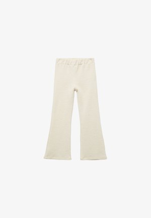 Crème-kleurige flared leggings van textuurstof met een elastische tailleband, met een eenvoudig ontwerp en geen zichtbare patronen of accenten.