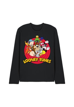 Black long-sleeve shirt with colorful Looney Tunes characters grouped in front of red concentric circles and bold yellow "Looney Tunes" text.