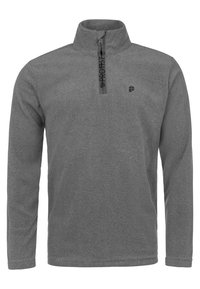 Grå fleecepullover med opretstående krave, halv-lynlåslukning og et logo på brystet. Blød tekstur, lange ærmer og lige kant.