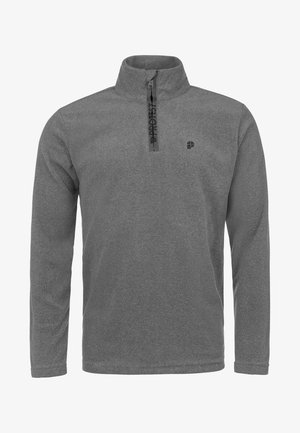 Pilkas pūkinis megztinis su stovinčiu kaklu, pusiau užtrauktuku ir logotipu ant krūtinės. Minkšta tekstūra, ilgos rankovės ir tiesus apvadas.