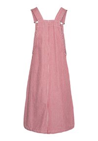 Robe tablier sans manches à rayures verticales rouges et blanches, avec bretelles réglables et poches latérales.