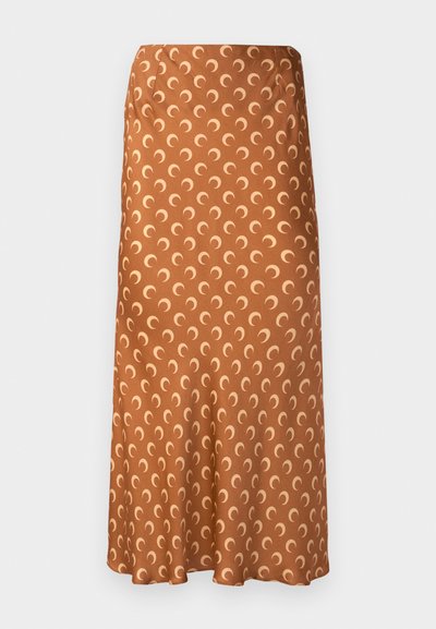 Brown satin maxi skirt featuring a repeating crescent moon pattern in a lighter shade, with a smooth texture and a flowing silhouette.