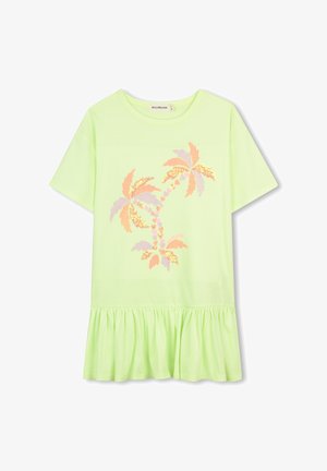 Jasnozielona sukienka z krótkim rękawem, z falbanką u dołu, ozdobiona dwoma wzorami palm w pastelowym pomarańczowym i lawendowym kolorze z akcentami w kształcie serc.