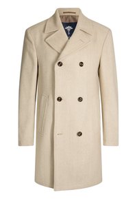 Beiger doppelseitiger Wollmantel mit Fischgrätenmuster, großen Revers und braunen Knöpfen. Ausgestattet mit einer einzelnen Seiten- tasche und gefüttertem Innenfutter.