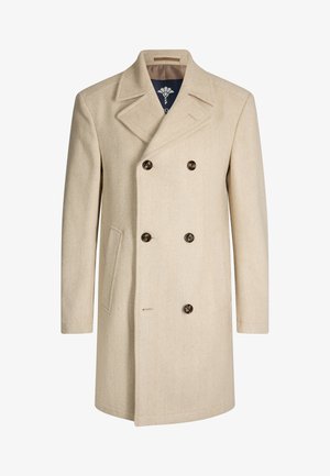 Beige double-breasted wool coat with a herringbone pattern, large lapels, and brown buttons. Features a single side pocket and lined interior.