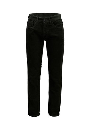 Schwarze Cordhose mit geradem Schnitt, ausgestattet mit Vordertaschen und einem Knopfverschluss. Weiche Textur mit dezenten vertikalen Rillen.