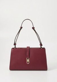 Burgundy leather handbag with a structured design, gold hardware, top handle, and a magnetic closure detail. Smooth texture throughout.